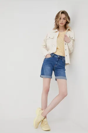 Pepe Jeans Džínové šortky Poppy dámské, tmavomodrá barva, hladké, medium waist