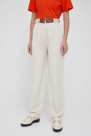 Emporio Armani Kalhoty s lněnou směsí dámské, barva, jednoduché, high waist