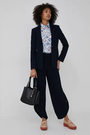 Emporio Armani Kalhoty dámské, tmavomodrá barva, široké, high waist