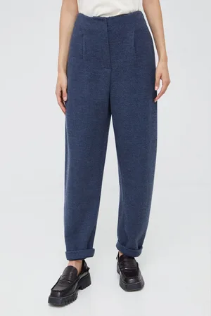 Emporio Armani Kalhoty s příměsí vlny dámské, tmavomodrá barva, jednoduché, high waist