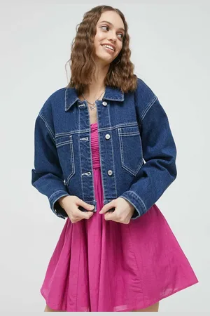 Abercrombie & Fitch Džínová bunda dámská, tmavomodrá barva, přechodná, oversize