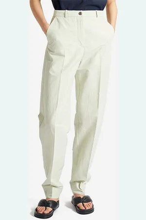 WoodWood Kalhoty s příměsí lnu Courtney Mini Stripe Trousers 12211600-5291 PASTEL GREEN barva, high waist