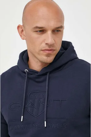 GANT Bavlněná mikina pánská, tmavomodrá barva, s kapucí, hladká
