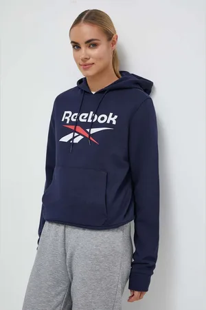 Reebok Mikina dámská, tmavomodrá barva, s kapucí, s potiskem