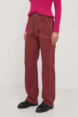 Benetton Bavlněné kalhoty vínová barva, jednoduché, high waist