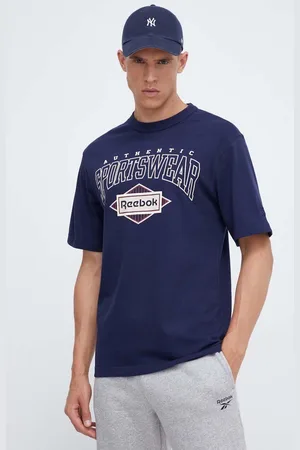 Reebok Bavlněné tričko tmavomodrá barva, s potiskem