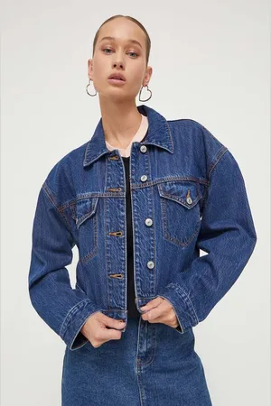 Abercrombie & Fitch Džínová bunda dámská, tmavomodrá barva, přechodná, oversize