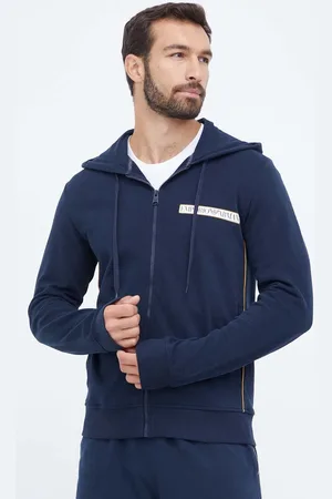 Emporio Armani Bavlněná mikina tmavomodrá barva, s kapucí, s potiskem