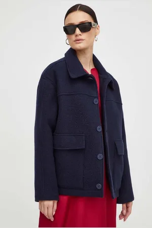 American Vintage Bunda s příměsí vlny tmavomodrá barva, přechodná, oversize