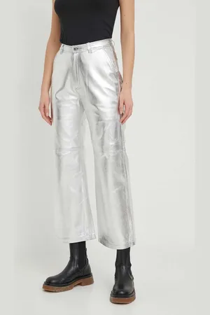 Pepe Jeans Kožené kalhoty SASHA SILVER dámské, barva, jednoduché, high waist, PL211694