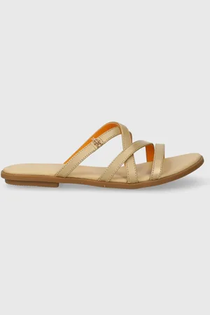 Tommy Hilfiger Kožené pantofle TH STRAP FLAT SANDAL GOLD dámské, barva, FW0FW08068