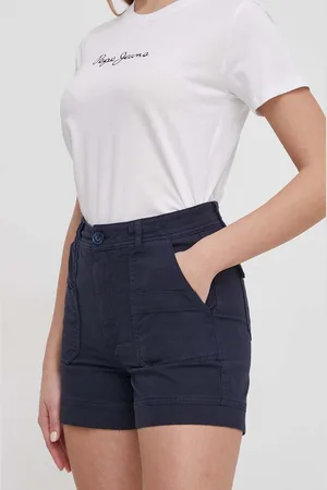 Pepe Jeans Kraťasy VALENTINA dámské, tmavomodrá barva, hladké, high waist, PL801096