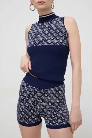 Guess Kraťasy LISE dámské, tmavomodrá barva, vzorované, high waist, W4GZ32 Z37K0