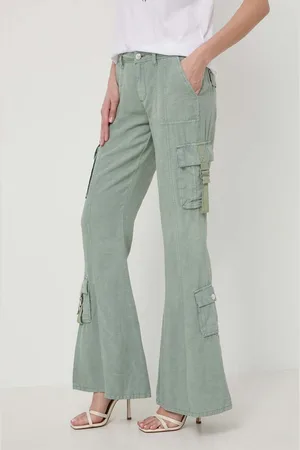 Guess Kalhoty s příměsí lnu CLAY barva, zvony, high waist, W4GA88 WG8N0