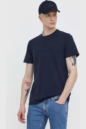 Superdry Bavlněné tričko tmavomodrá barva, s aplikací