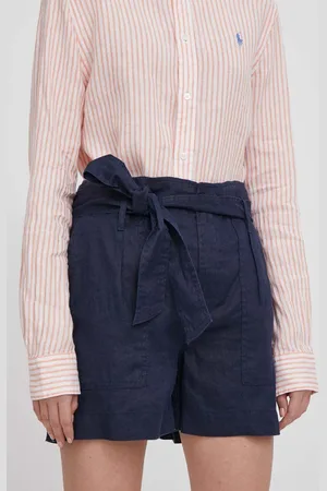 Ralph Lauren Plátěné kraťasy tmavomodrá barva, hladké, high waist, 200862092
