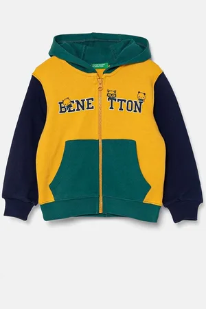 Benetton Dětská bavlněná mikina barva, s kapucí, vzorovaná, 3J68G5034