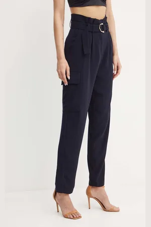 Morgan Kalhoty PROUR.F dámské, tmavomodrá barva, kapsáče, high waist, PROUR.F