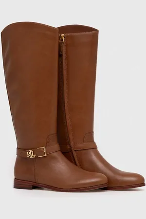Ralph Lauren Kožené kozačky Brooke Tall dámské, barva, na plochém podpatku, 802937804002
