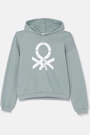 Benetton Dětská bavlněná mikina barva, s kapucí, s potiskem, 3J68C203Q