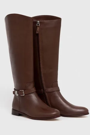 Ralph Lauren Kožené kozačky Brooke Tall dámské, barva, na plochém podpatku, 802937804003