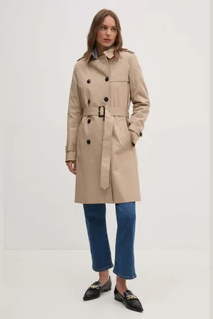 Tommy Hilfiger Trench kabát dámský, tmavomodrá barva, přechodný, dvouřadový, WW0WW42133