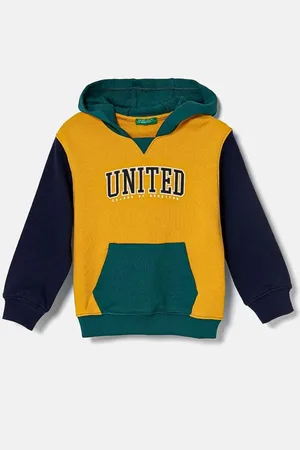 Benetton Dětská bavlněná mikina barva, s kapucí, s potiskem, 3J68G200Q