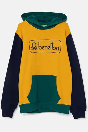 Benetton Dětská bavlněná mikina barva, s kapucí, vzorovaná, 3J68C203N