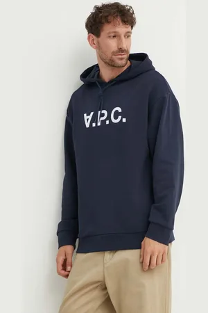 A.P.C. Bavlněná mikina pánská, tmavomodrá barva, s kapucí, s potiskem