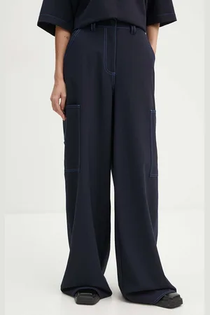 SUNNEI Kalhoty s příměsí vlny tmavomodrá barva, jednoduché, high waist, RTWWBOT002