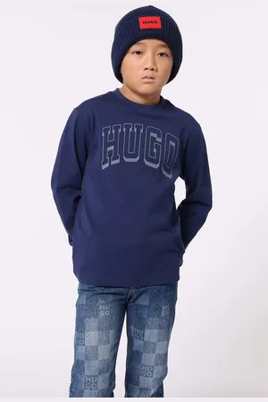 HUGO BOSS Dětské bavlněné tričko s dlouhým rukávem tmavomodrá barva, s potiskem, G00148