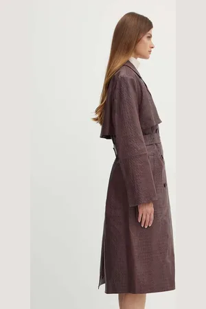 HUGO BOSS Kožený kabát dámský, vínová barva, přechodný, dvouřadový, 50518238