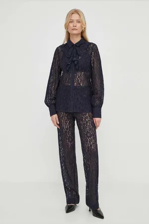 Bruuns Bazaar Kalhoty dámské, tmavomodrá barva, jednoduché, high waist