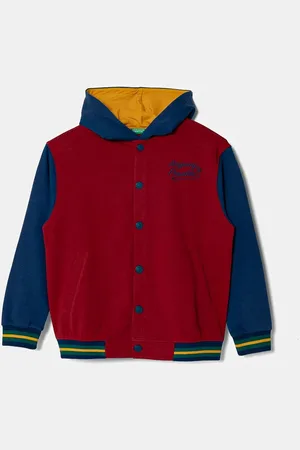 Benetton Dětská bavlněná mikina vínová barva, s kapucí, vzorovaná, 32N4C503V