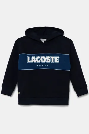 Lacoste Dětská mikina tmavomodrá barva, s kapucí, vzorovaná, SJ2445