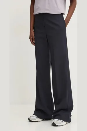 HUGO BOSS Kalhoty s příměsí vlny tmavomodrá barva, široké, high waist, 50516143