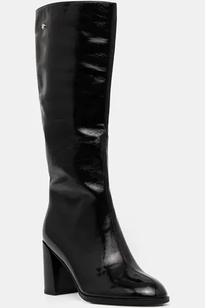 GOE Kožené kozačky dámské, barva, na podpatku, lehce zateplené, OO2N4408 BLACK