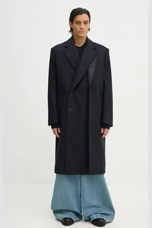 Y / PROJECT Vlněný kabát DOUBLE FRONT COAT tmavomodrá barva, přechodný, dvouřadový, 201CO006