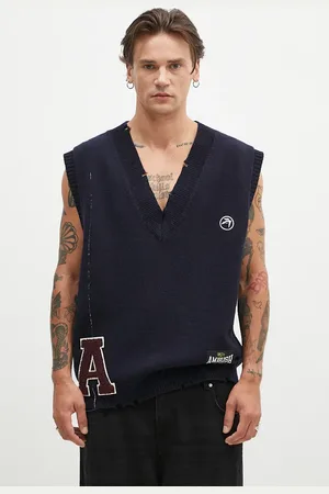 AMBUSH Vlněná vesta Repair Stitch V Neck Vest tmavomodrá barva, BMHZ002F24KNI0014628