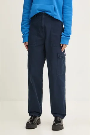 Tommy Hilfiger Bavlněné kalhoty tmavomodrá barva, kapsáče, high waist, DW0DW18510