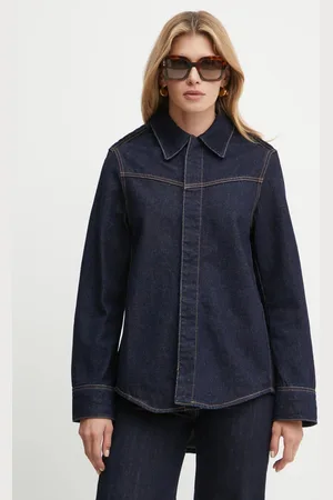 Victoria Beckham Džínová košile dámská, tmavomodrá barva, relaxed, s klasickým límcem, 1424DSH006123A