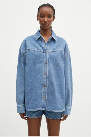 ROTATE Džínová košile Rhinestone Denim dámská, barva, relaxed, s klasickým límcem, 1126401468