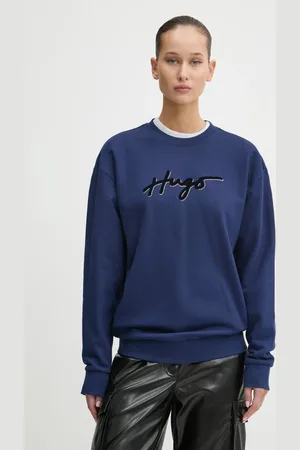 HUGO BOSS Bavlněná mikina dámská, tmavomodrá barva, s aplikací, 50528579