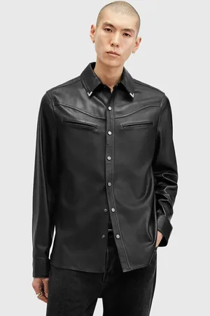 AllSaints Kožená košile DRAVEN barva, regular, s klasickým límcem, M071SB