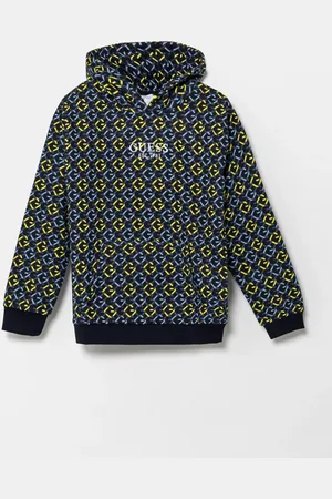 Guess Dětská bavlněná mikina tmavomodrá barva, s kapucí, vzorovaná, L5RQ05 KA6R4