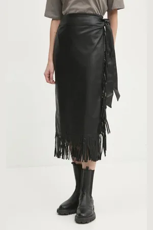 Never Fully Dressed Kožená sukně Vegan Leather Fringe Jaspre barva, midi, pouzdrová, NFDSK573