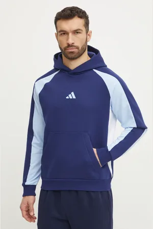 adidas Mikina Essential Colorblock pánská, tmavomodrá barva, s kapucí, vzorovaná, JD8064