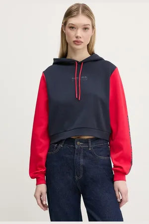 Pepe Jeans Mikina COLOUR BLOCK HOODY dámská, tmavomodrá barva, s kapucí, s potiskem, RL580007