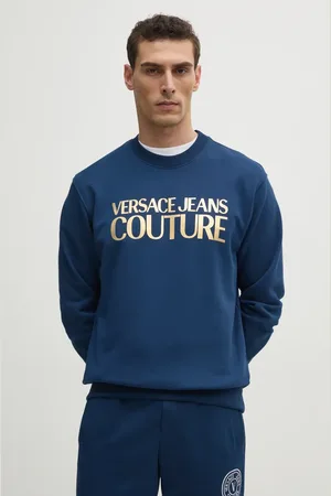 VERSACE Bavlněná mikina pánská, tmavomodrá barva, s potiskem, 78GAIT05 CF01T