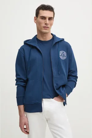 VERSACE Bavlněná mikina pánská, tmavomodrá barva, s kapucí, s aplikací, 78GAIT00 CF01T